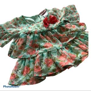 Cottagecore 2T Adorable Mint Pink Flower Ruffle‎ Shirt Sequins